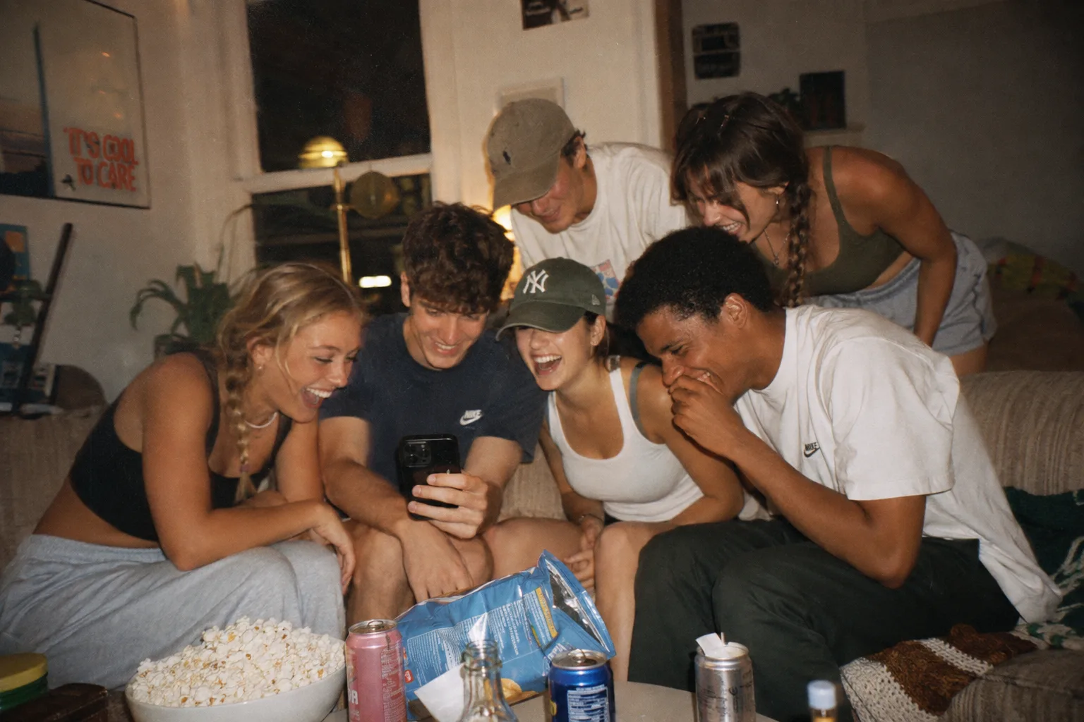 Friends rewatching their finished film together